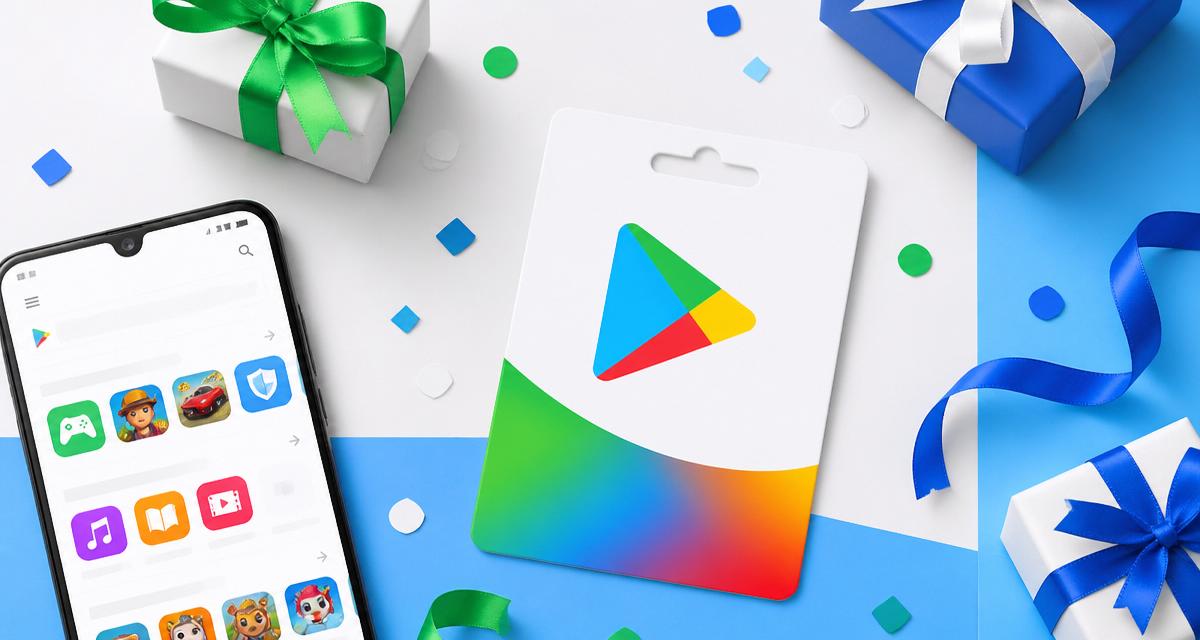 Google Play gift card guide with smartphone and gift boxes